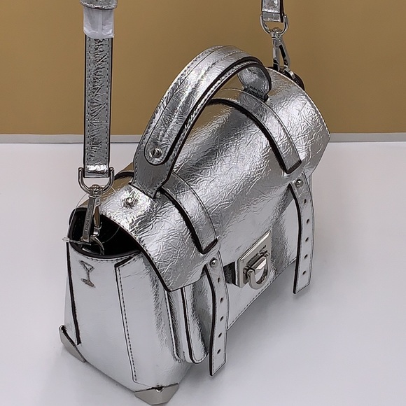 MICHAEL KORS MANHATTAN MEDIUM TOP HANDLE SCHOOL SATCHEL CROSSBODY BAG SILVER - Picture 10 of 16